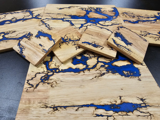 Light Hardwood Lichtenberg and Resin Coaster and Placemat Set