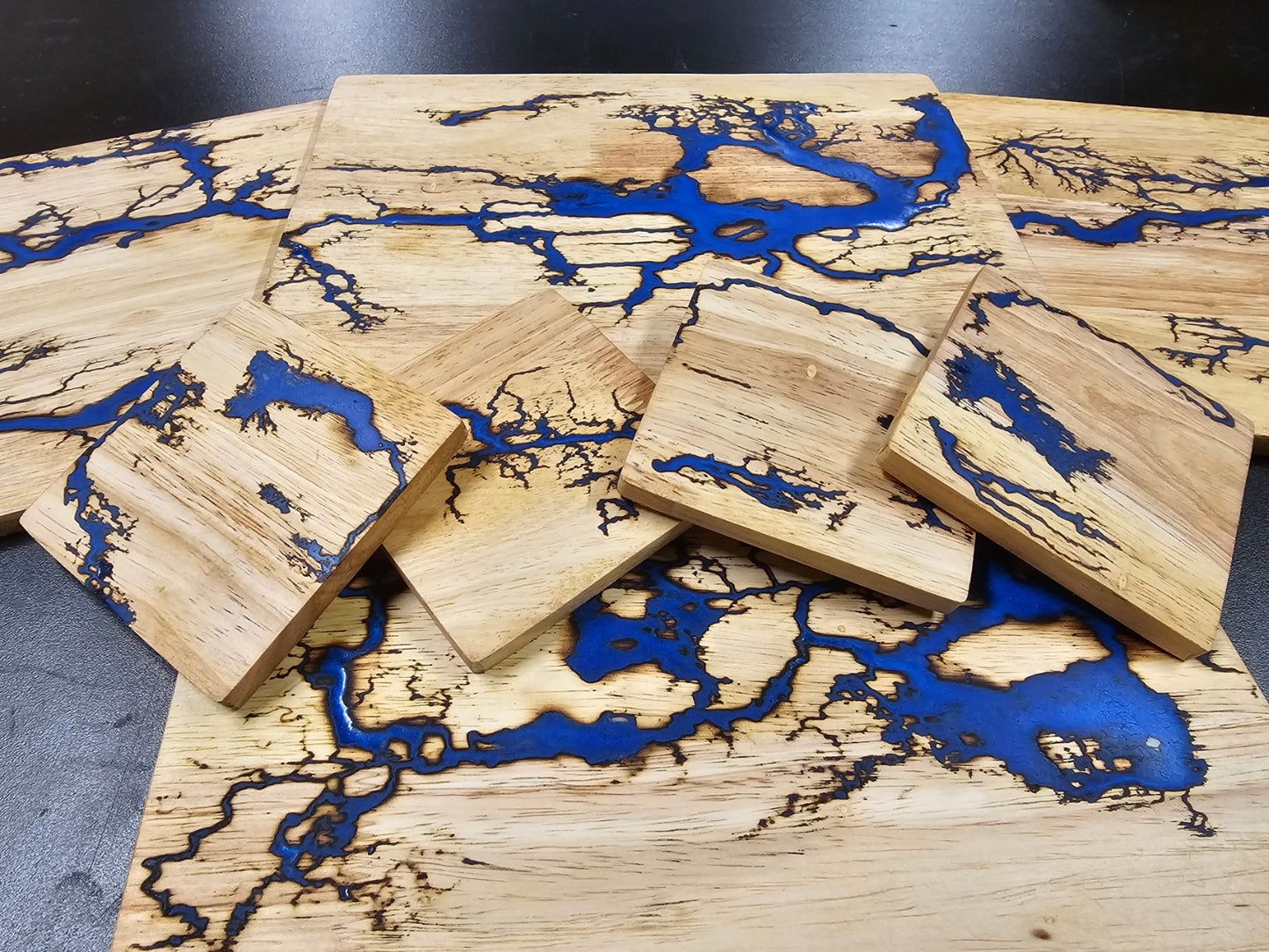 Light Hardwood Lichtenberg and Resin Coaster and Placemat Set
