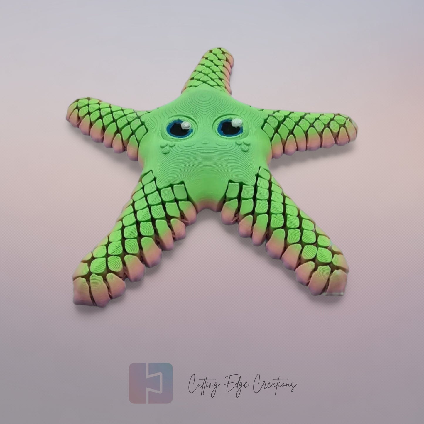 3D printed starfish with mesh articulated arms in a random pastel rainbow colour