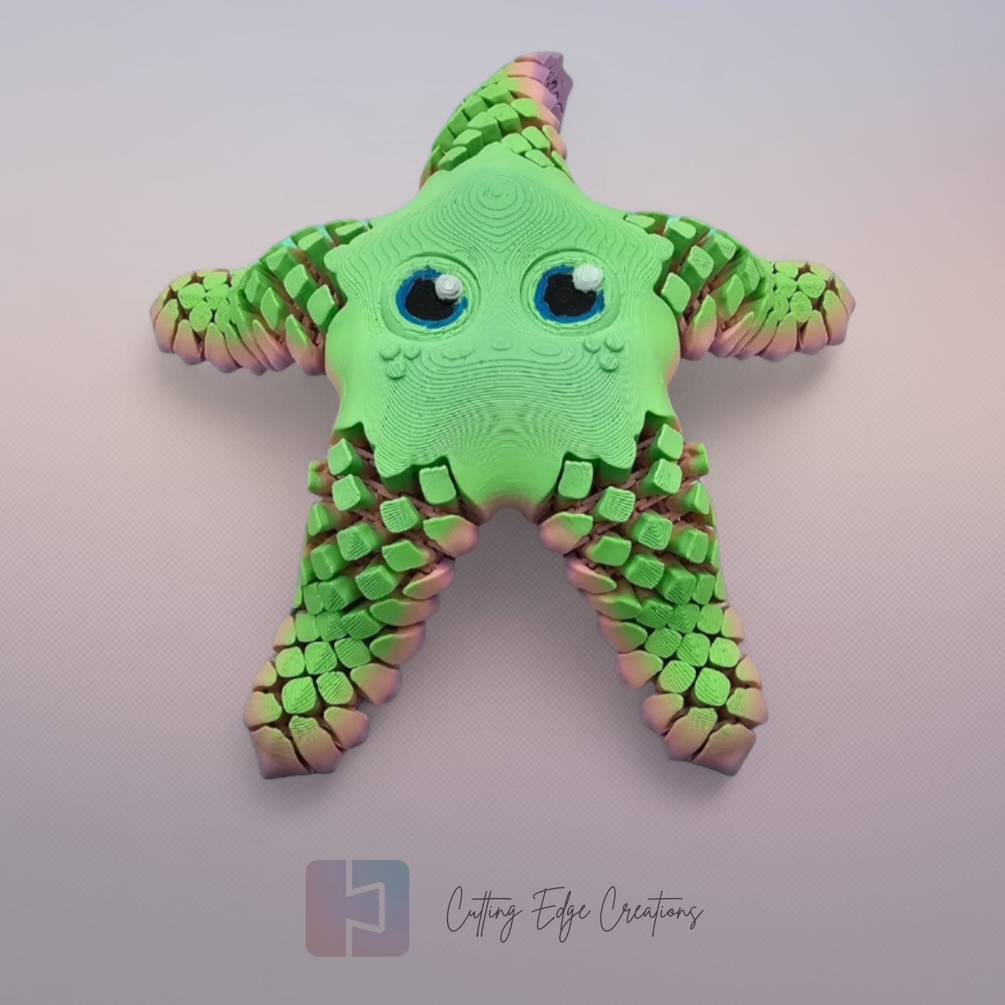 3D printed starfish with mesh articulated arms in a random pastel rainbow colour