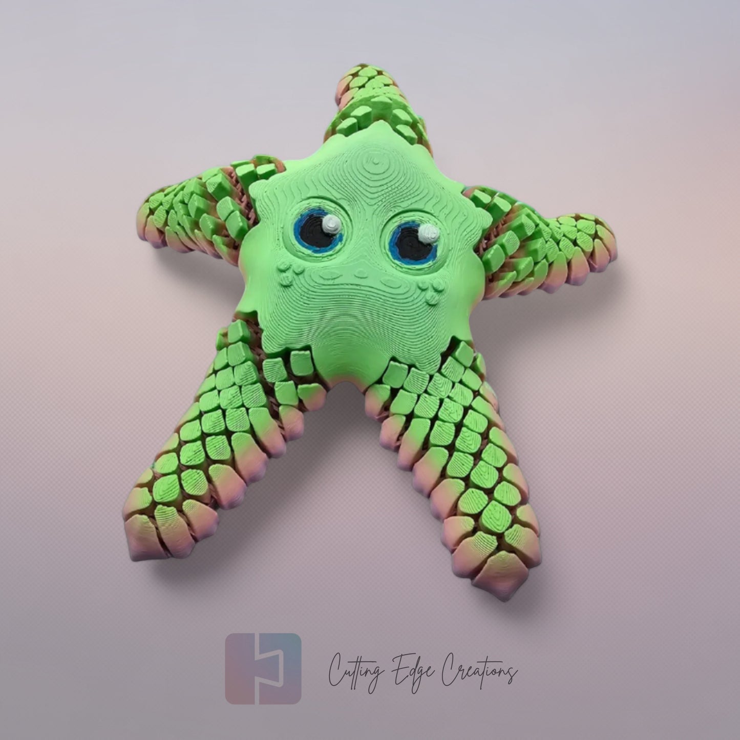 3D printed starfish with mesh articulated arms in a random pastel rainbow colour