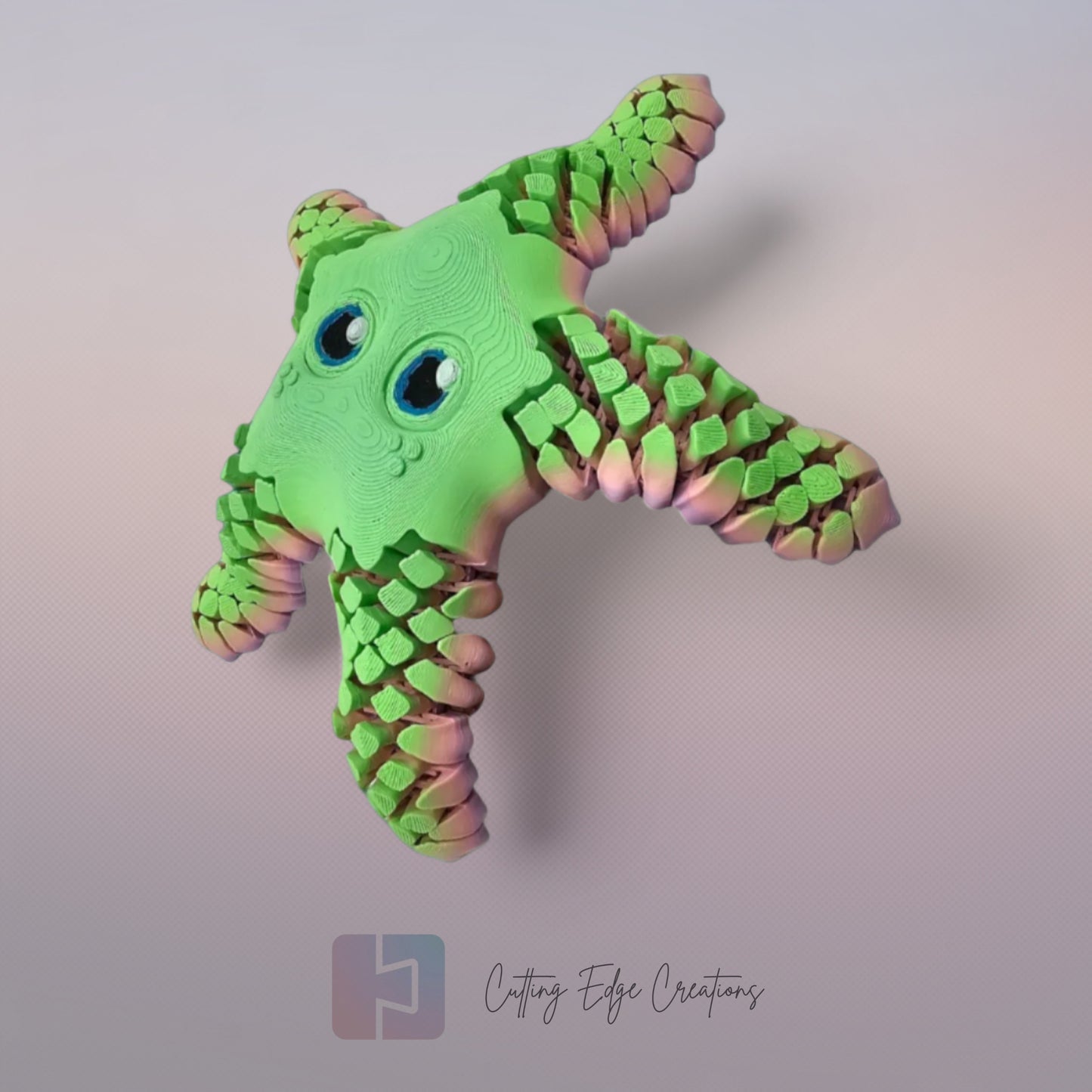 3D printed starfish with mesh articulated arms in a random pastel rainbow colour