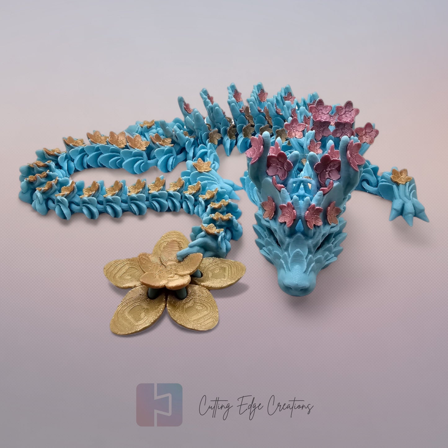 3D printed articulated Cherry Blossom Dragon, flexible toy, handmade in the UK, desk fidget and gift.