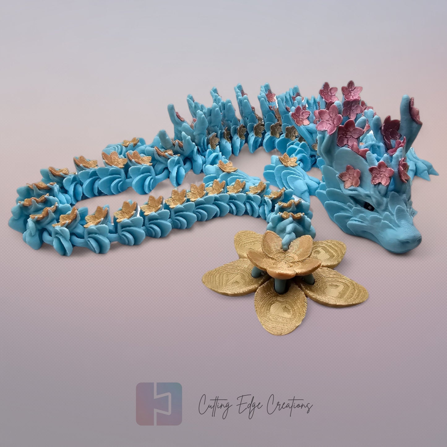 3D printed articulated Cherry Blossom Dragon, flexible toy, handmade in the UK, desk fidget and gift.