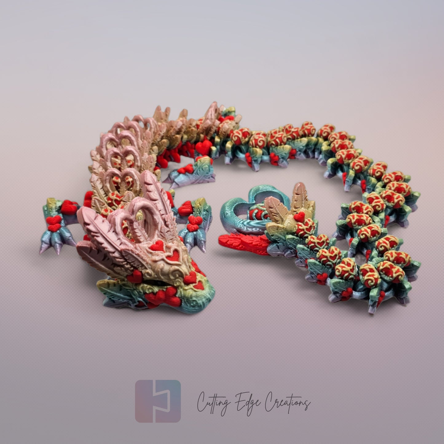3D printed articulated Heart Dragon, flexible toy, handmade in the UK, desk fidget and gift.