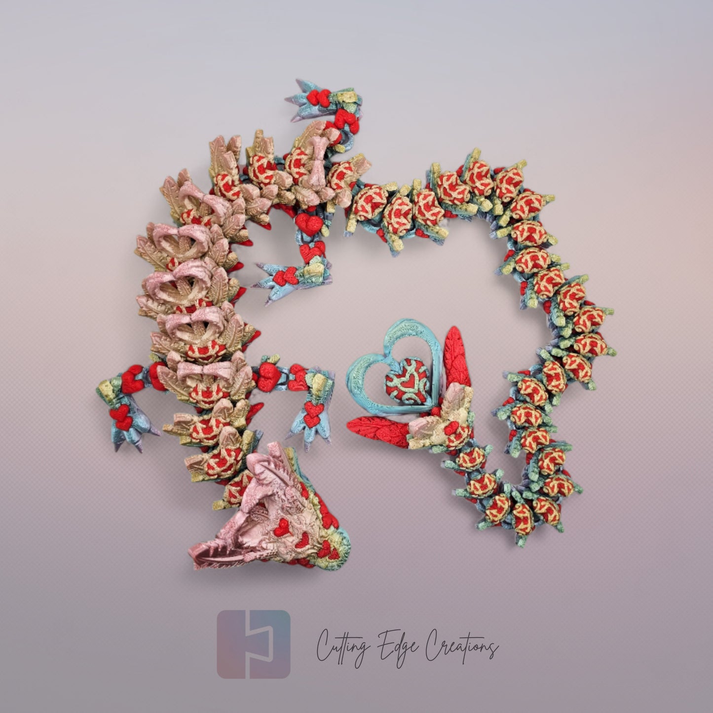 3D printed articulated Heart Dragon, flexible toy, handmade in the UK, desk fidget and gift.