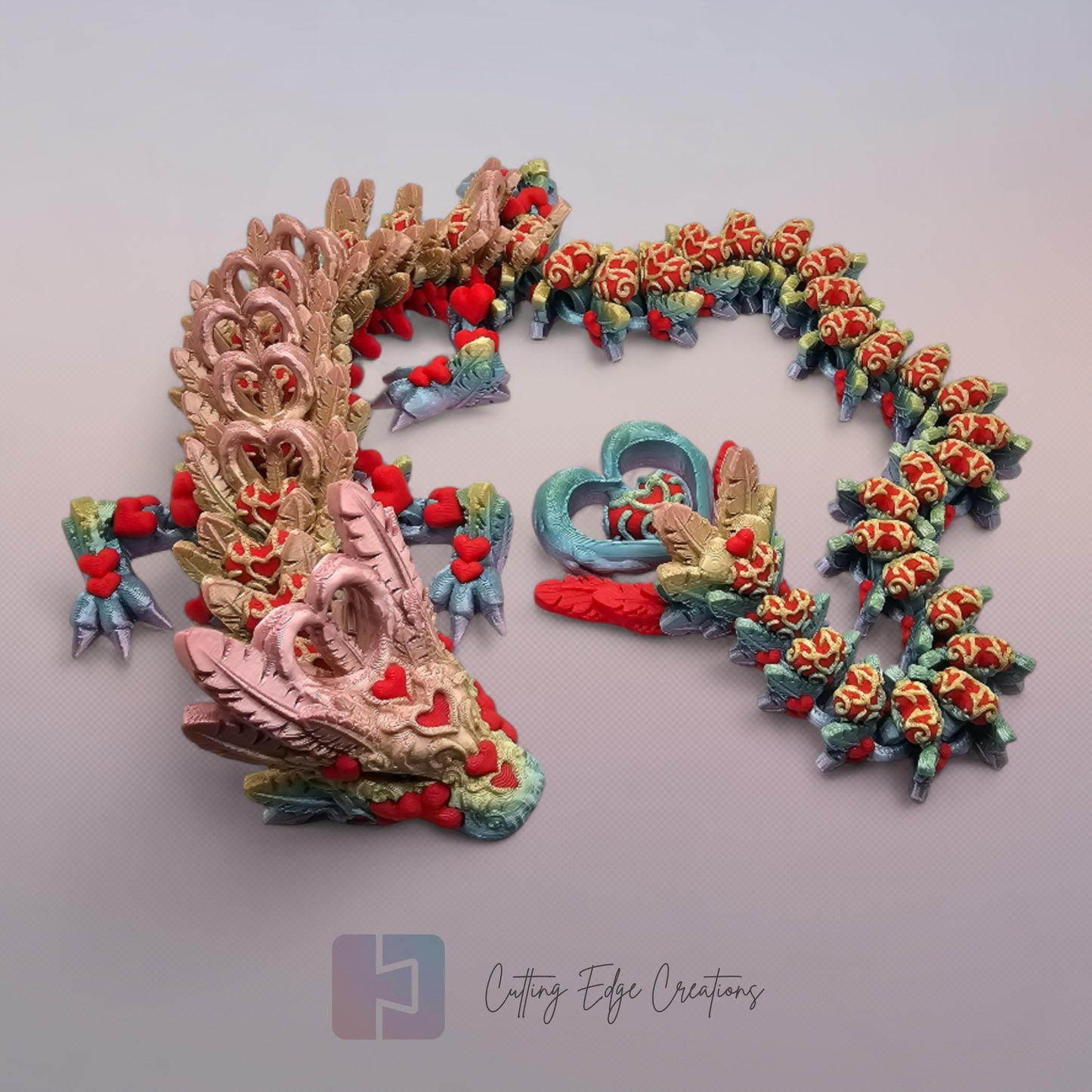 3D printed articulated Heart Dragon, flexible toy, handmade in the UK, desk fidget and gift.