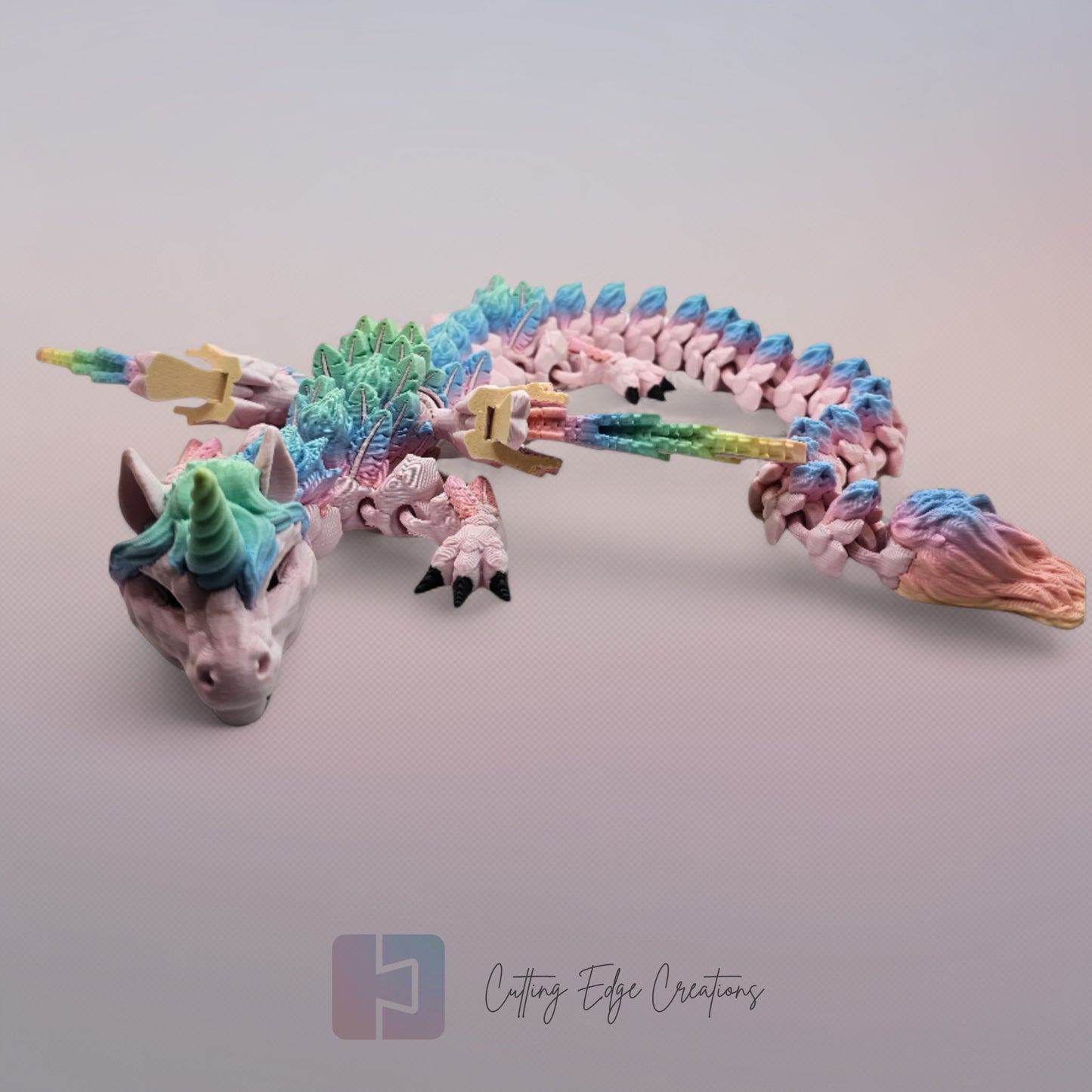 3D printed articulated Unicorn Dragon, flexible toy, handmade in the UK, desk fidget and gift.
