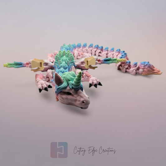 3D printed articulated Unicorn Dragon, flexible toy, handmade in the UK, desk fidget and gift.