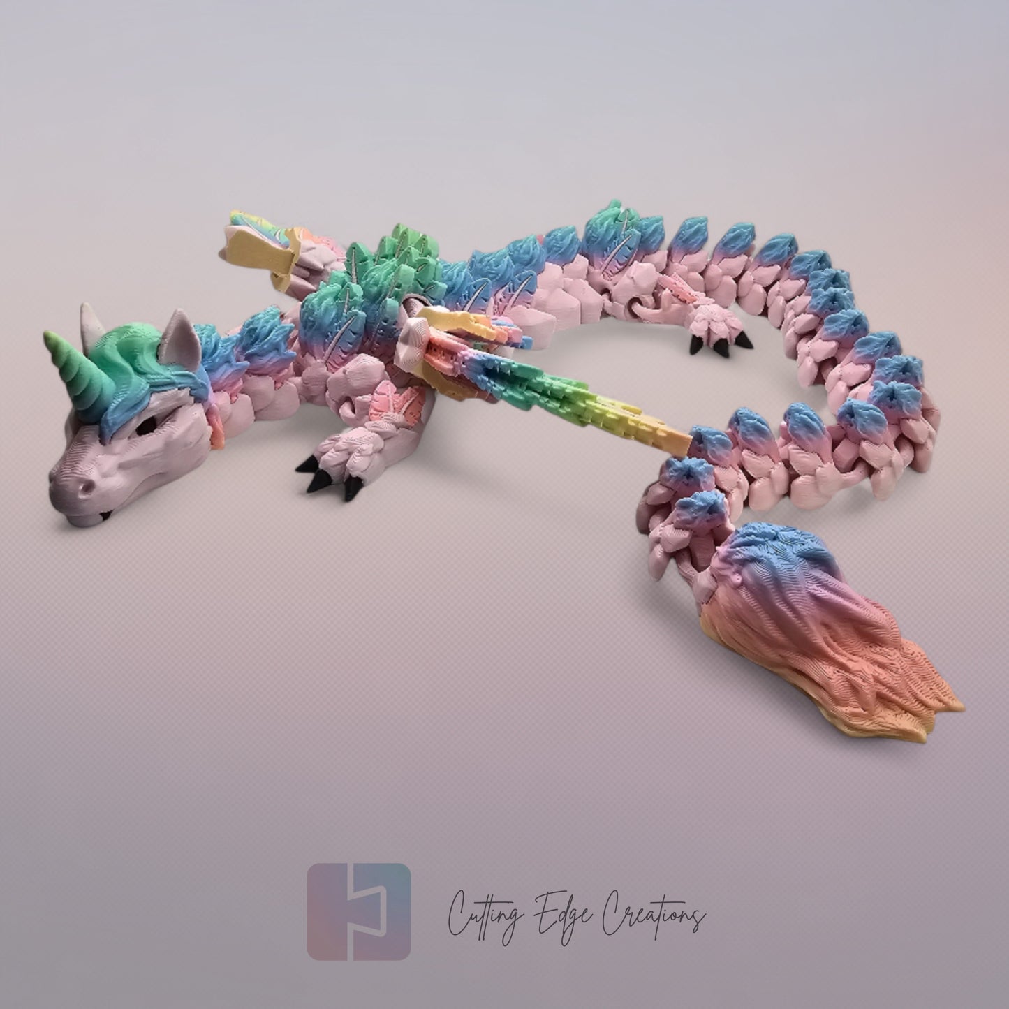 3D printed articulated Unicorn Dragon, flexible toy, handmade in the UK, desk fidget and gift.