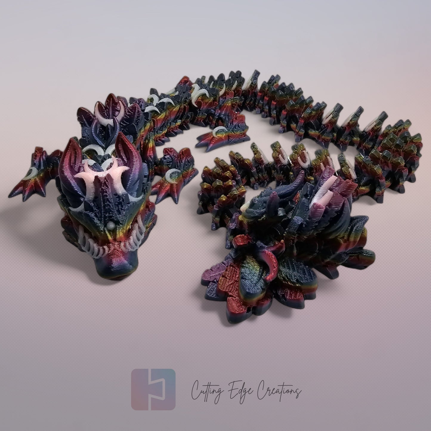 3D printed articulated Lunar Dragon, flexible toy, handmade in the UK, desk fidget and gift.