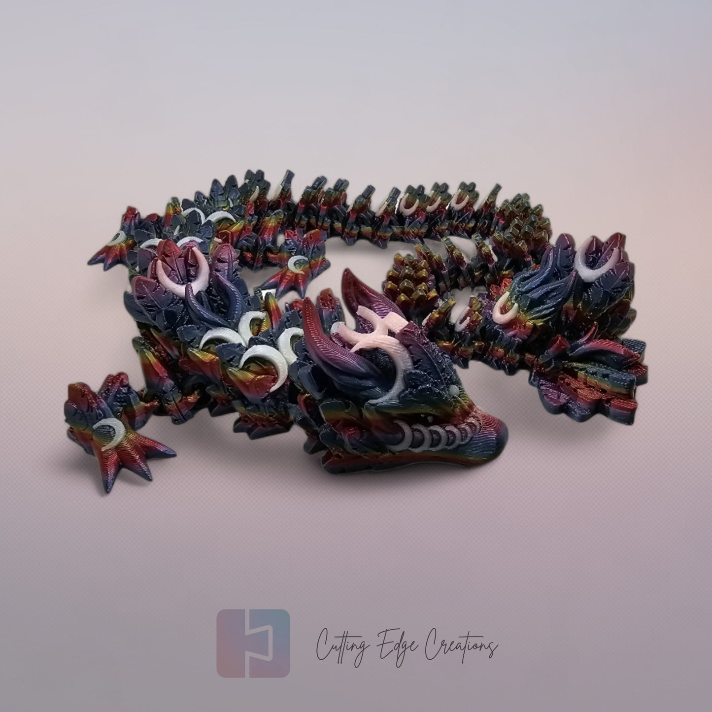 3D printed articulated Lunar Dragon, flexible toy, handmade in the UK, desk fidget and gift.