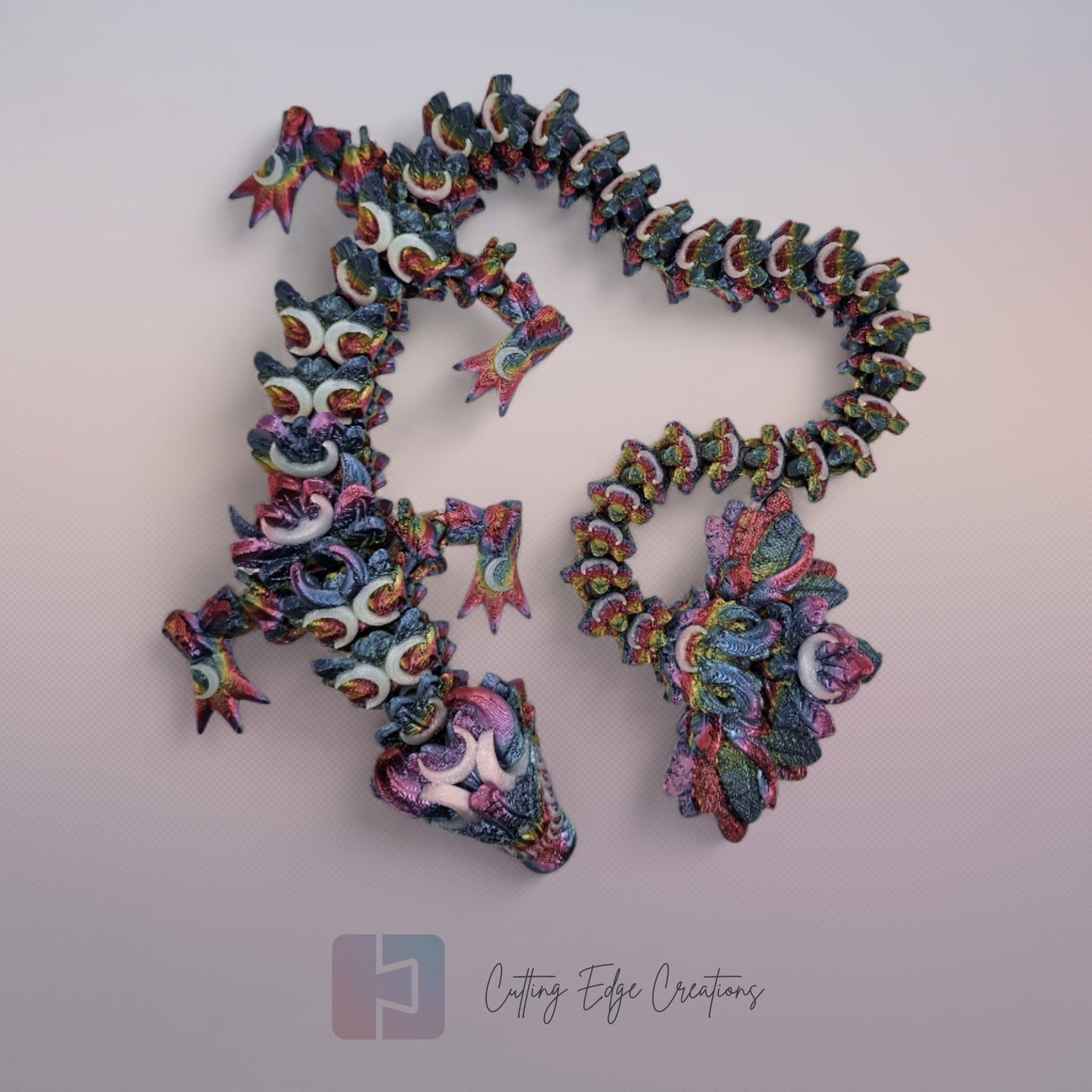 3D printed articulated Lunar Dragon, flexible toy, handmade in the UK, desk fidget and gift.