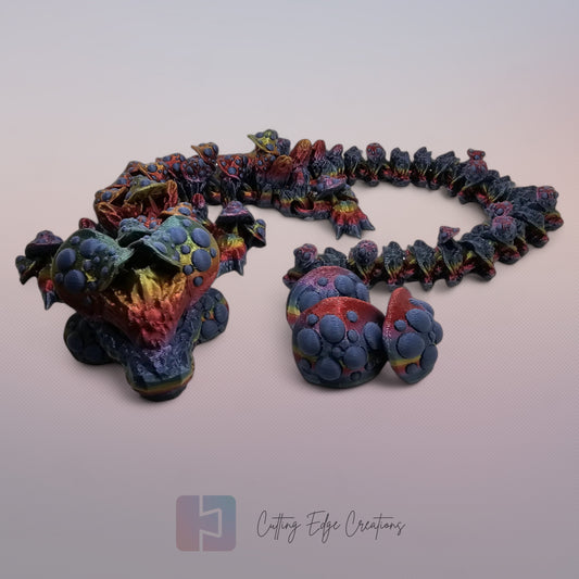 3D printed articulated Mushroom Dragon, flexible toy, handmade in the UK, desk fidget and gift.