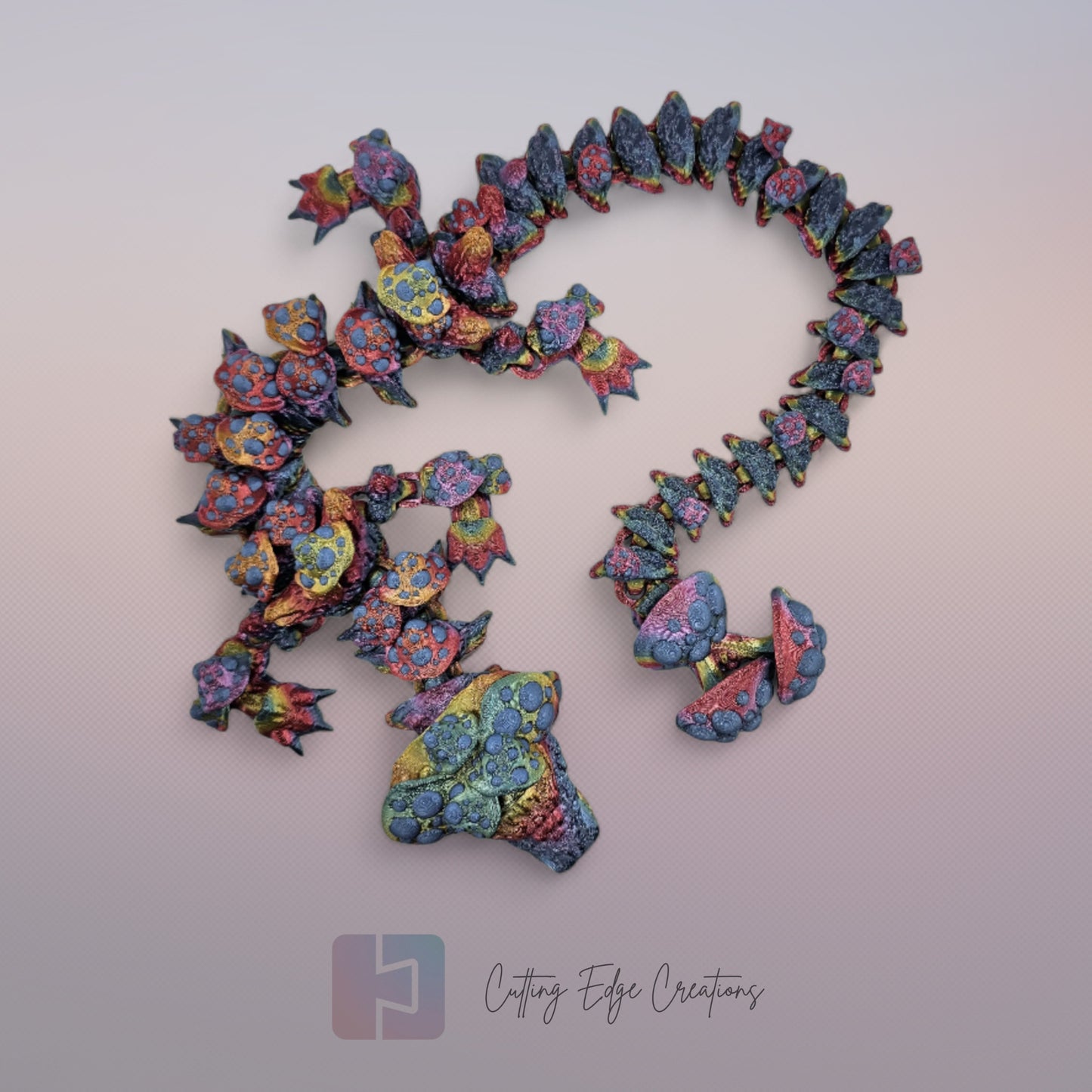 3D printed articulated Mushroom Dragon, flexible toy, handmade in the UK, desk fidget and gift.