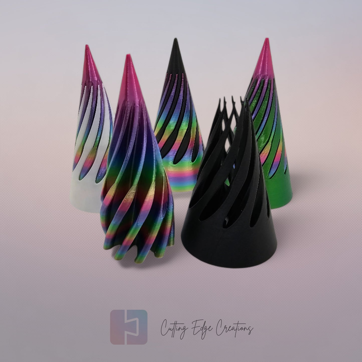 vibrant 3D-printed Infinity Cones V2, each featuring a sleek spiral cut design. The cones are in a random colour, including white, green, black, and rainbow gradients. Designed for smooth sliding and fidgeting, these eye-catching desk toys are handmade in the UK