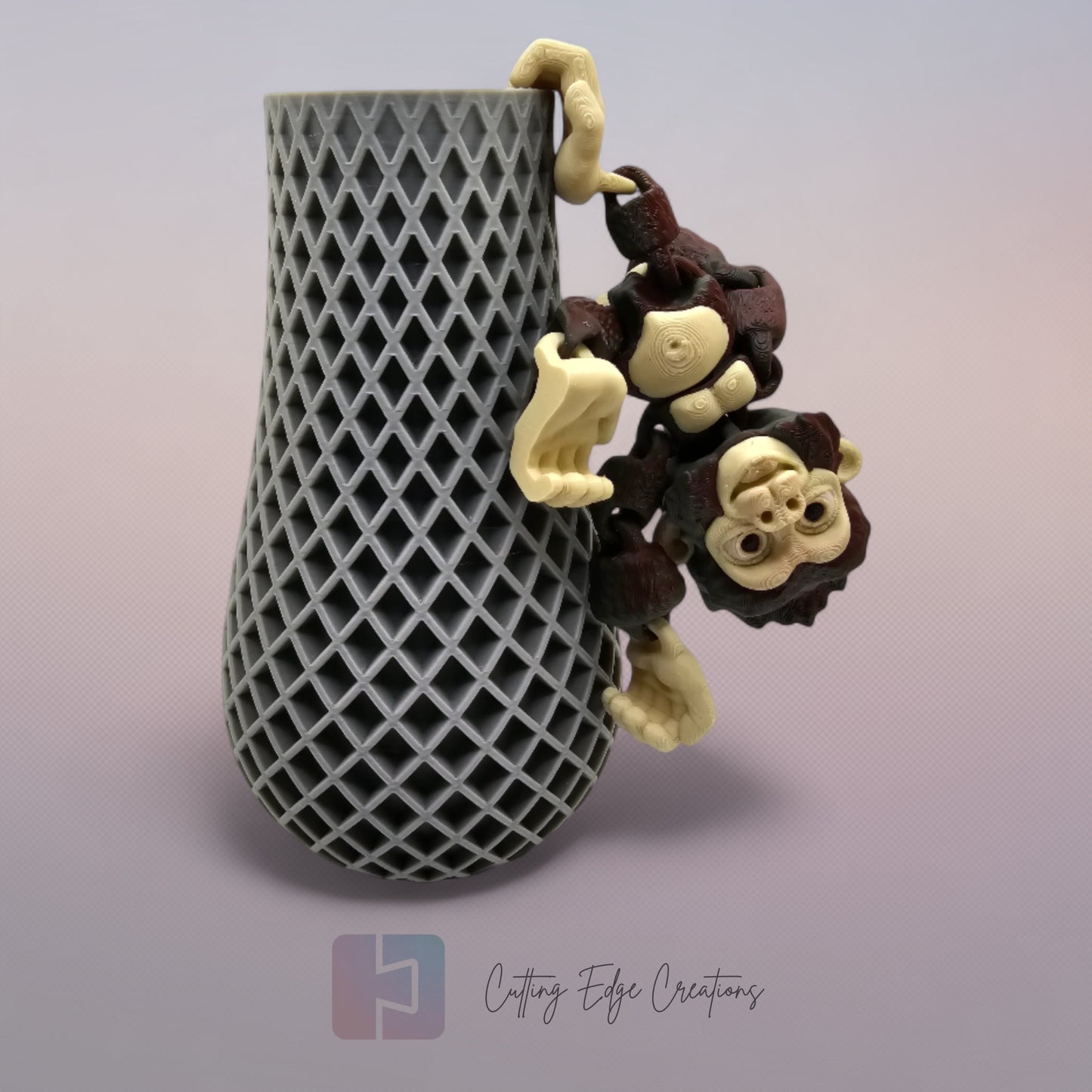 3D printed Hang Around Gorilla figurine with hook hands and feet, designed to hang from shelves, plants, and more.