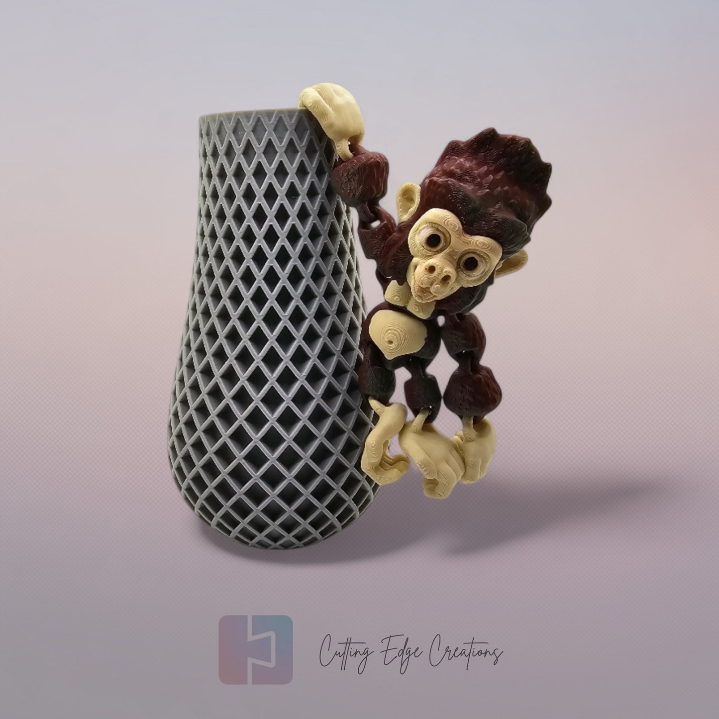 3D printed Hang Around Gorilla figurine with hook hands and feet, designed to hang from shelves, plants, and more.