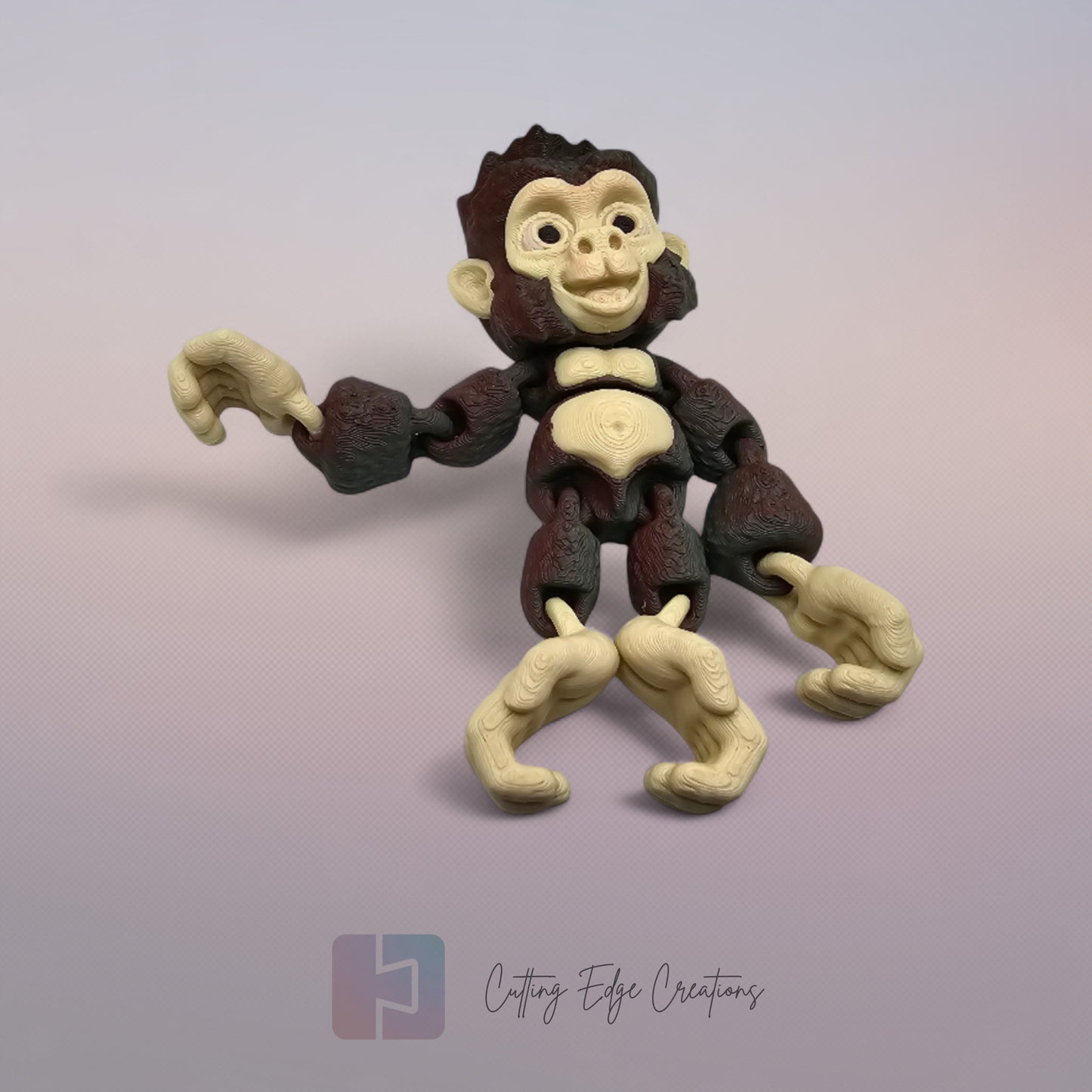 3D printed Hang Around Gorilla figurine with hook hands and feet, designed to hang from shelves, plants, and more.