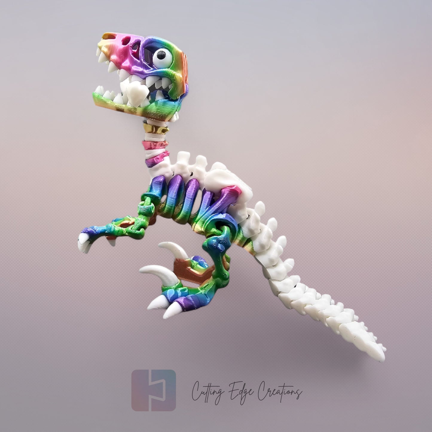 3D-printed rainbow and white skeletal velociraptor flexi toy with articulated joints, opening jaw, and bone accessory. Poseable dinosaur figure, 14cm tall, printed in the UK