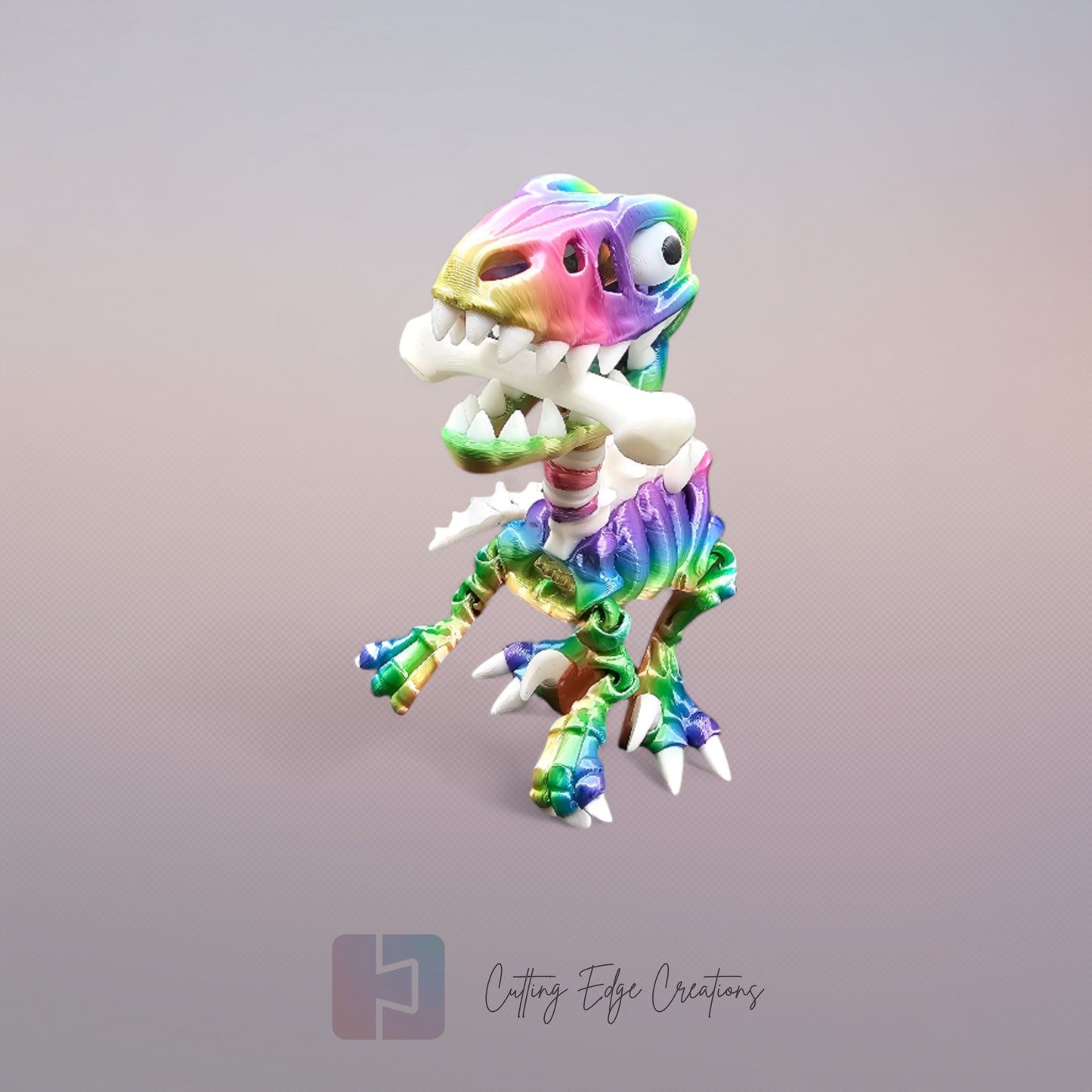 3D-printed rainbow and white skeletal velociraptor flexi toy with articulated joints, opening jaw, and bone accessory. Poseable dinosaur figure, 14cm tall, printed in the UK
