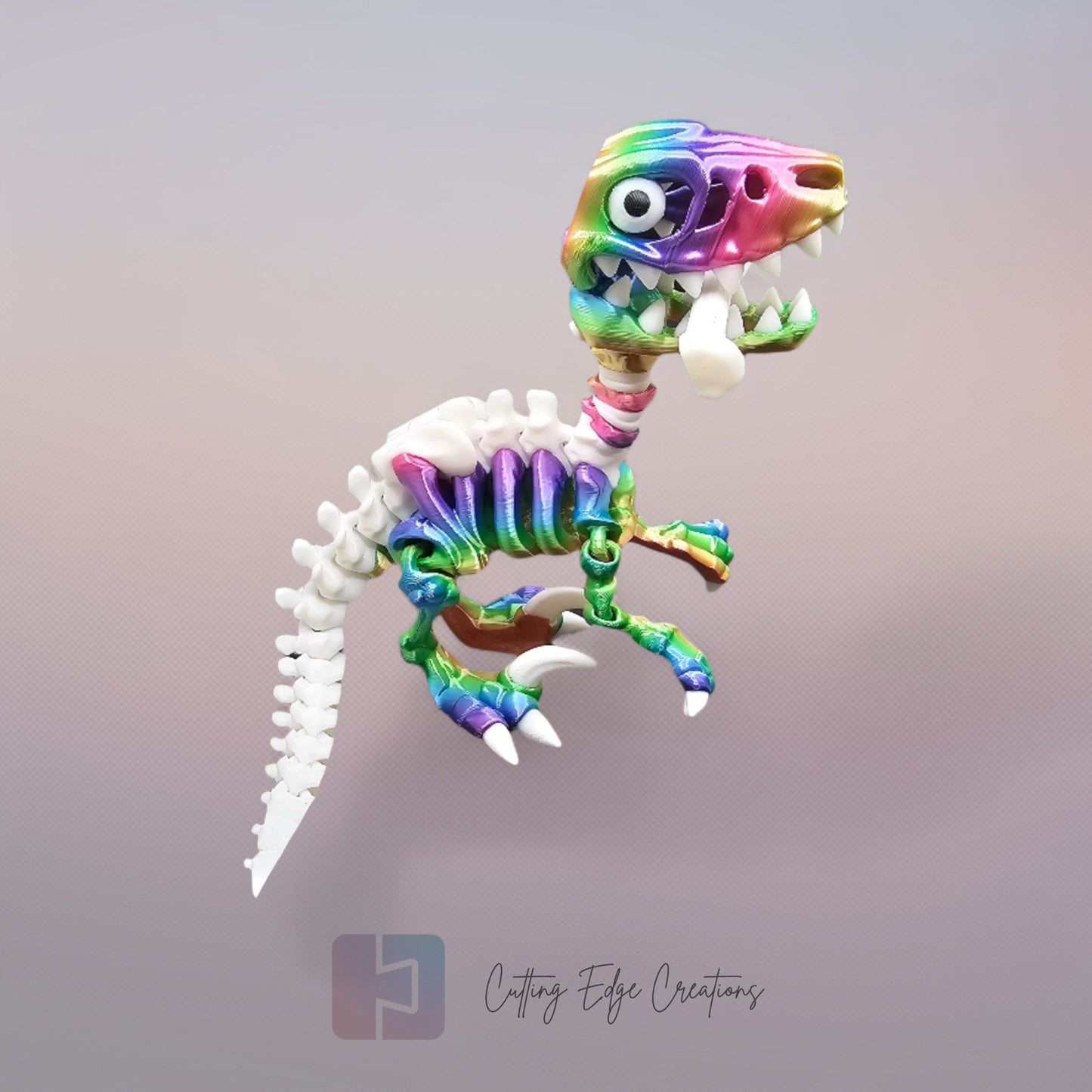 3D-printed rainbow and white skeletal velociraptor flexi toy with articulated joints, opening jaw, and bone accessory. Poseable dinosaur figure, 14cm tall, printed in the UK