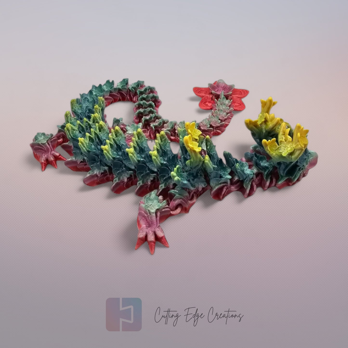 3D printed articulated Cherry Blossom Dragon, flexible toy, handmade in the UK, desk fidget and gift.