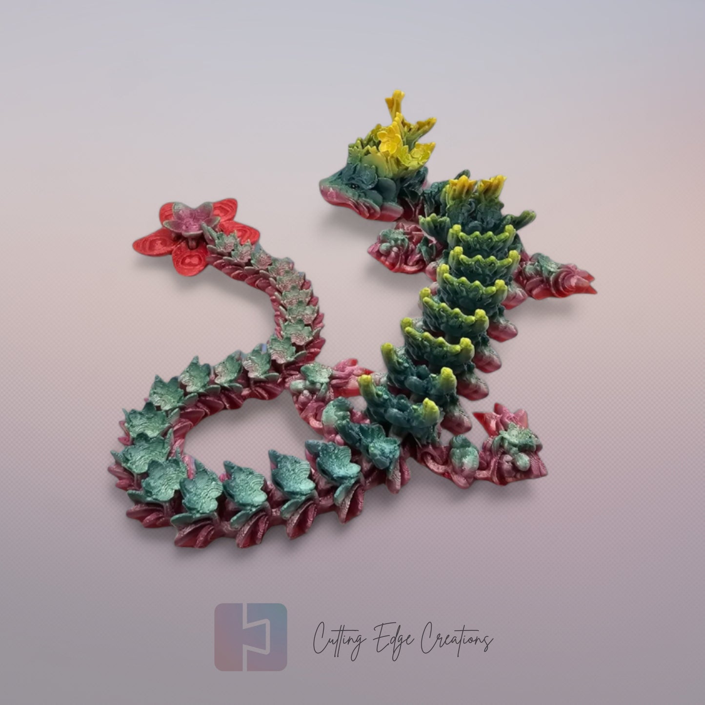 3D printed articulated Cherry Blossom Dragon, flexible toy, handmade in the UK, desk fidget and gift.