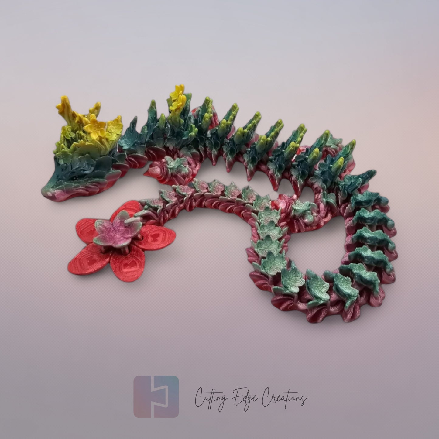 3D printed articulated Cherry Blossom Dragon, flexible toy, handmade in the UK, desk fidget and gift.
