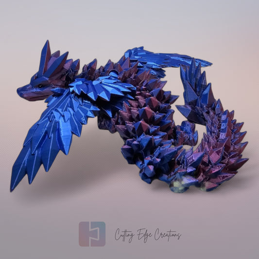 3D printed articulated Crystal Wing Dragon, flexible toy, handmade in the UK, desk fidget and gift.