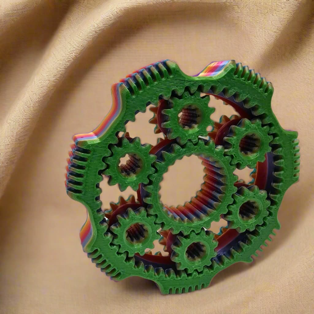 3D printed gear spinner fidget toy in multicolour filament with interlocking moving gears