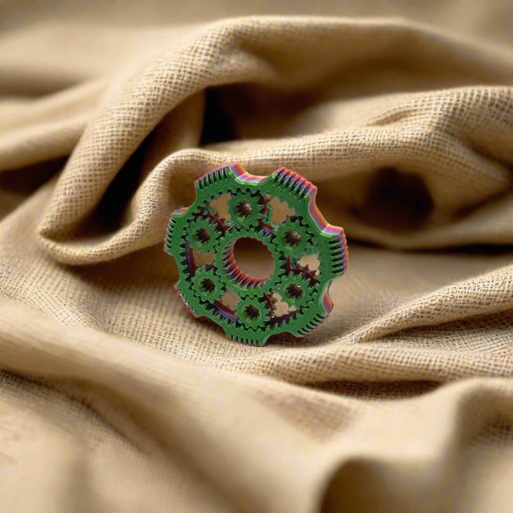 3D printed gear spinner fidget toy in multicolour filament with interlocking moving gears