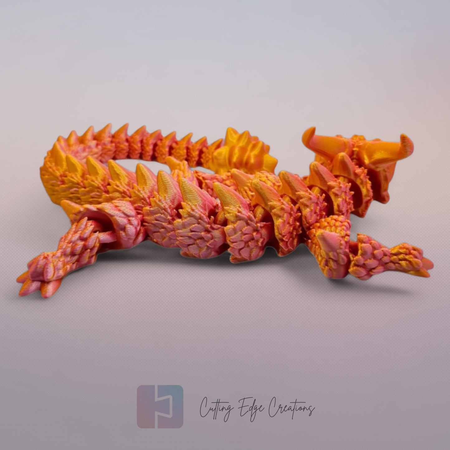 3D printed articulated Horned Menace Dragon, flexible toy, handmade in the UK, desk fidget and gift.