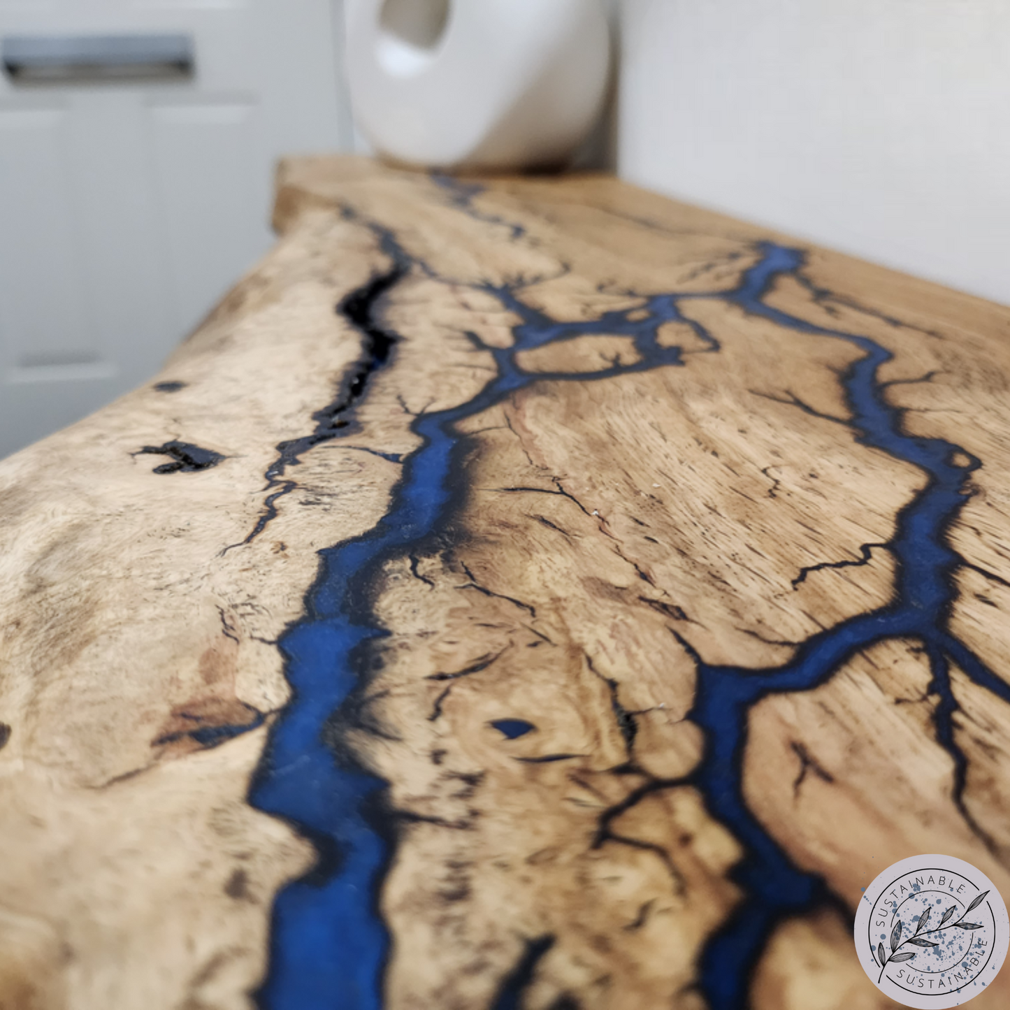 Resin Lichtenberg Figure Live Edge Oak Table Standard Depth with Square Legs