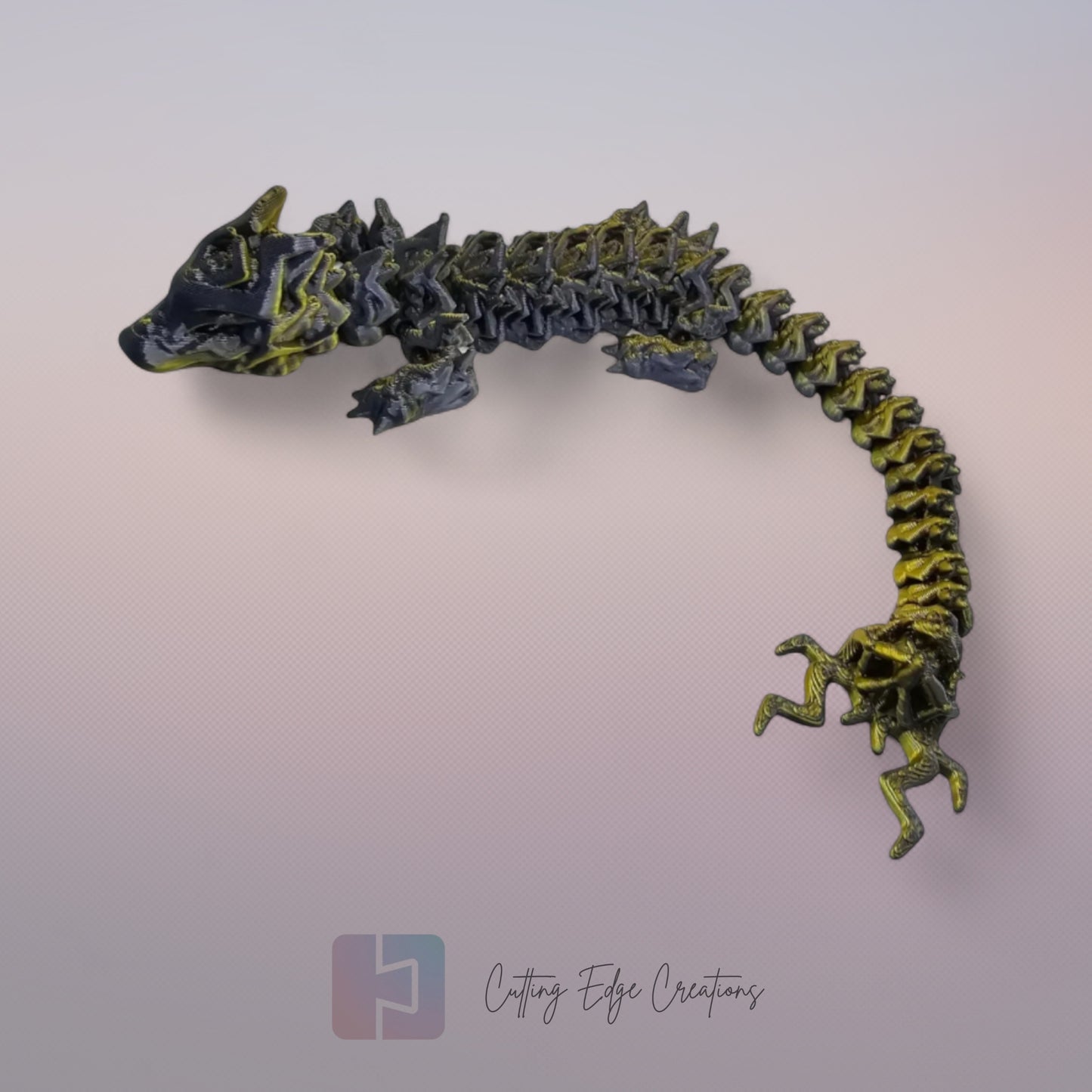 3D printed articulated Lightning Dragon, flexible toy, handmade in the UK, desk fidget and gift.