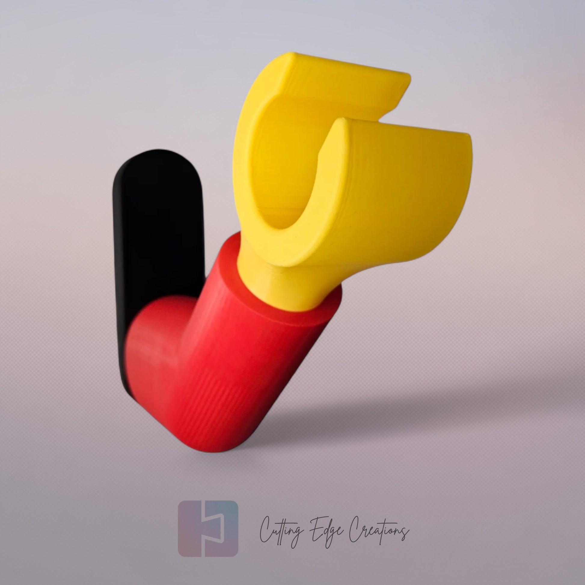 3D printed block style arm in various colours, with black base for wall or freestanding mounting, with chunky yellow hand to hold headphones or coats