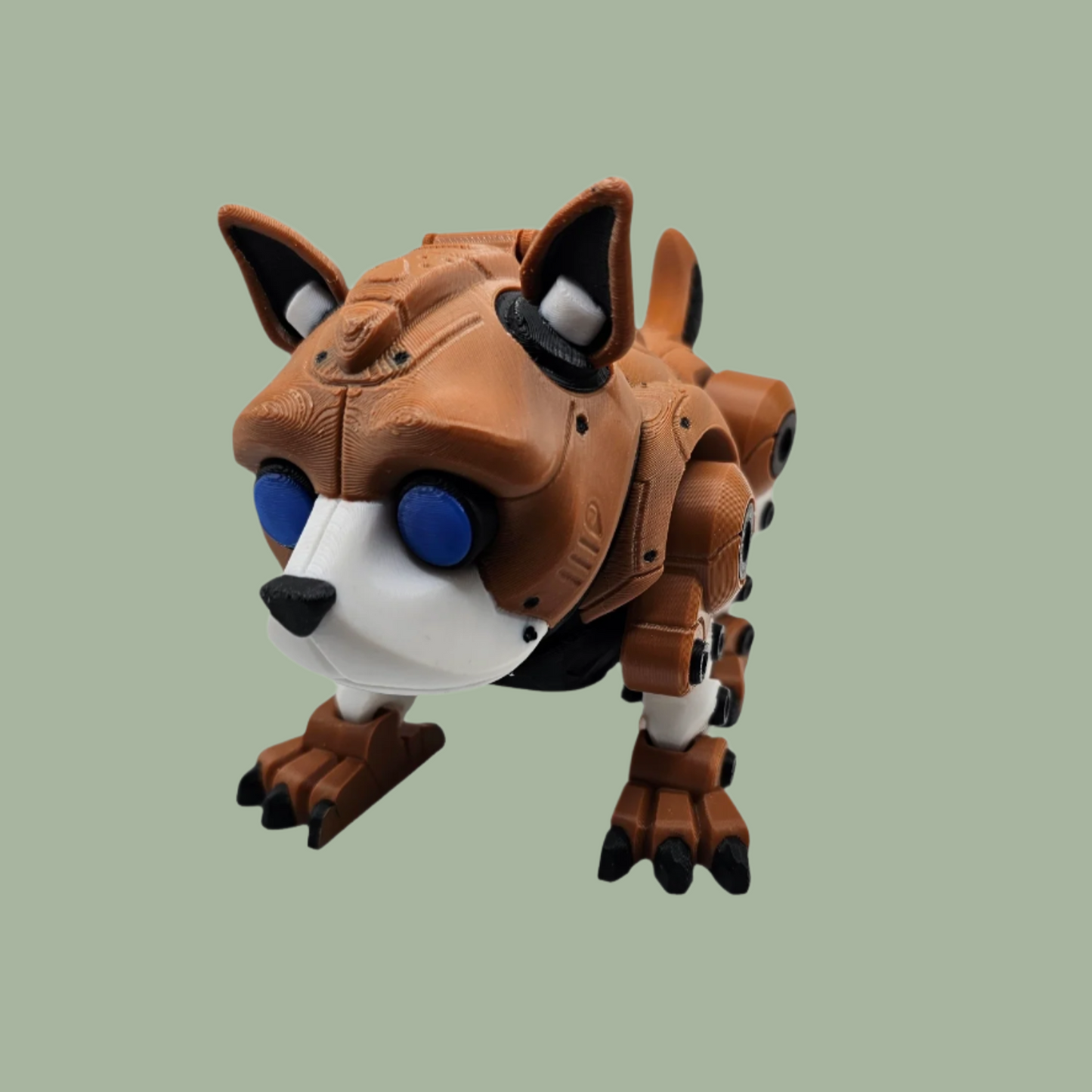 3D printed cyber dog in brown, white, black, and blue, with an openable face revealing a hamster driving the machine