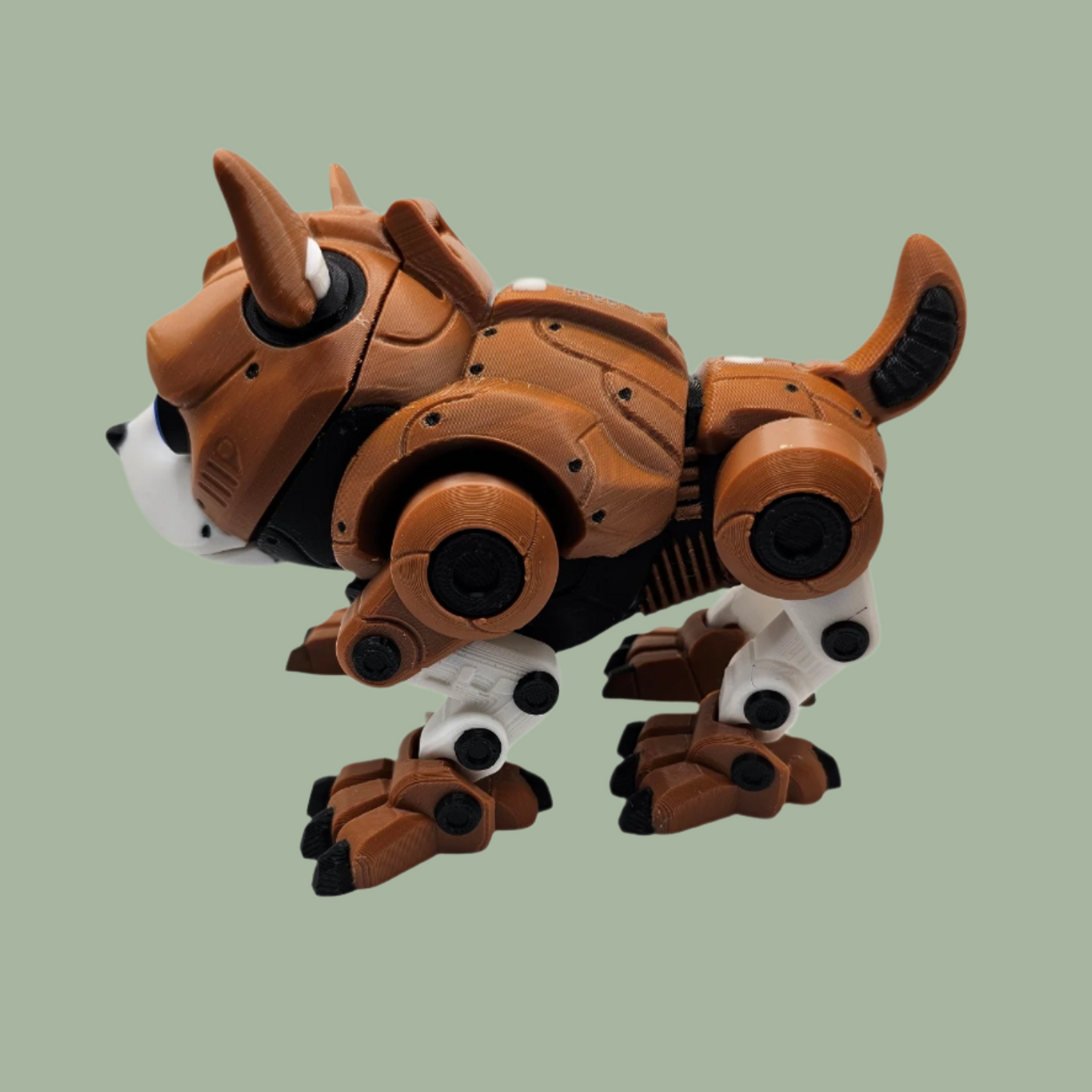 3D printed cyber dog in brown, white, black, and blue, with an openable face revealing a hamster driving the machine