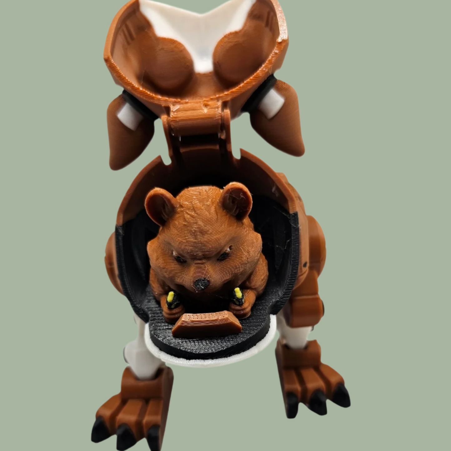 3D printed cyber dog in brown, white, black, and blue, with an openable face revealing a hamster driving the machine