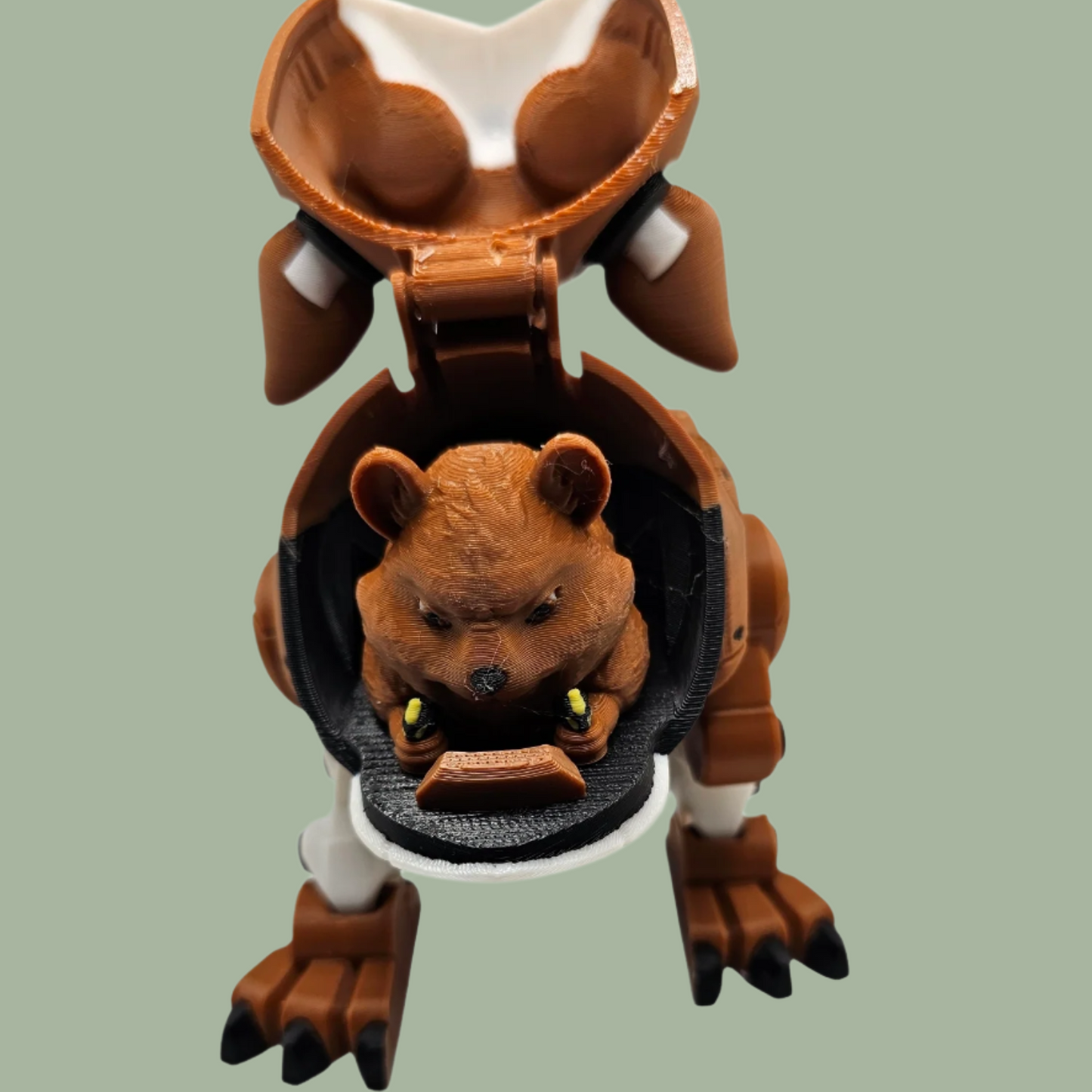 3D printed cyber dog in brown, white, black, and blue, with an openable face revealing a hamster driving the machine