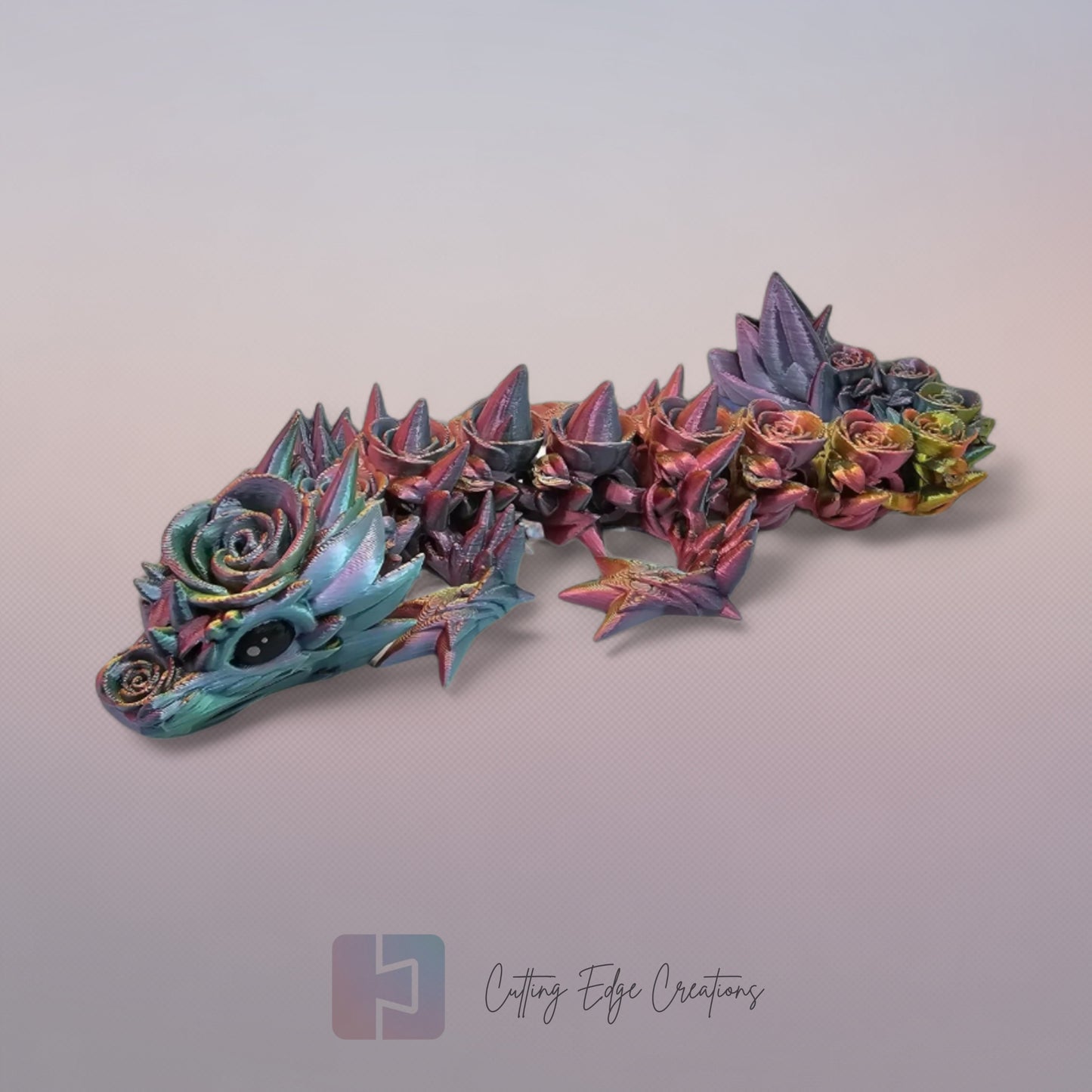 3D printed articulated Rose Dragon, flexible toy, handmade in the UK, desk fidget and gift.