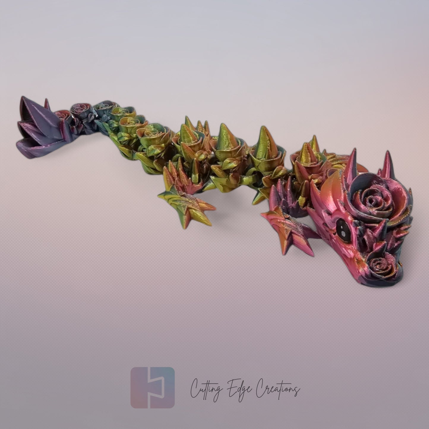 3D printed articulated Rose Dragon, flexible toy, handmade in the UK, desk fidget and gift.