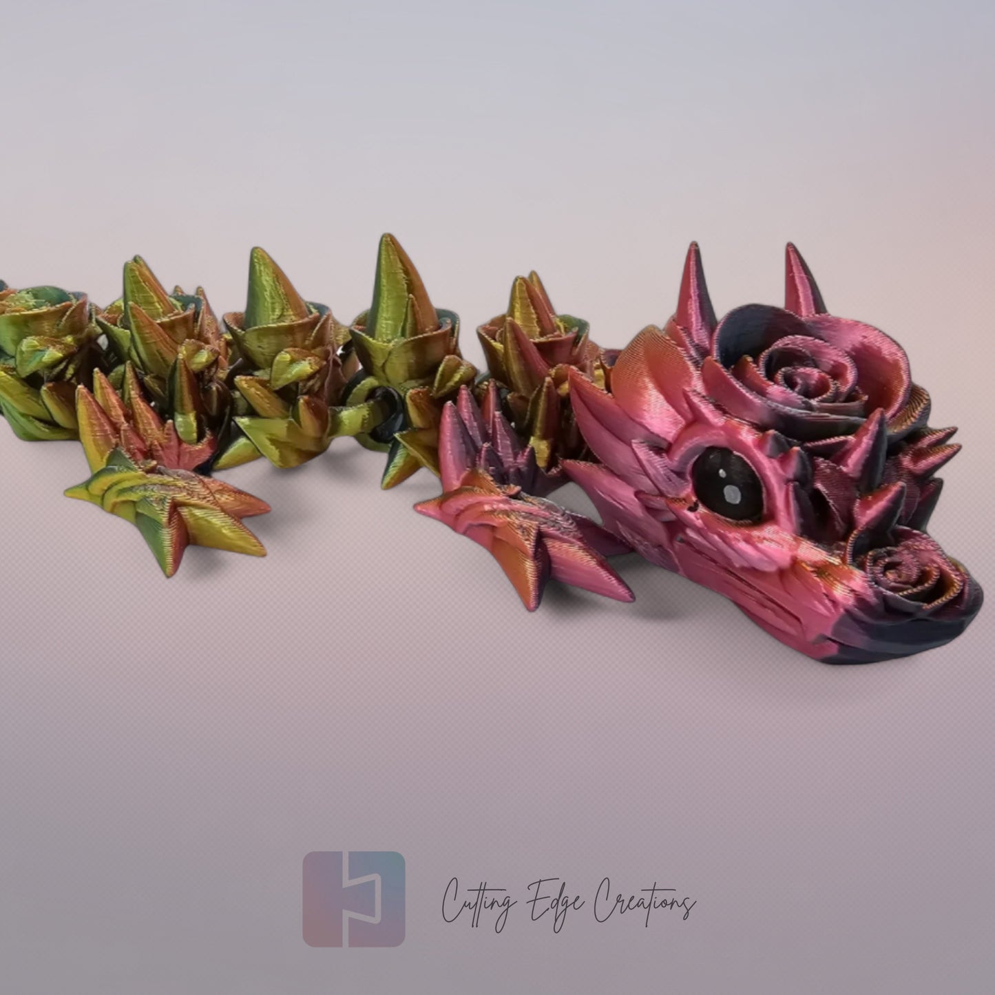 3D printed articulated Rose Dragon, flexible toy, handmade in the UK, desk fidget and gift.
