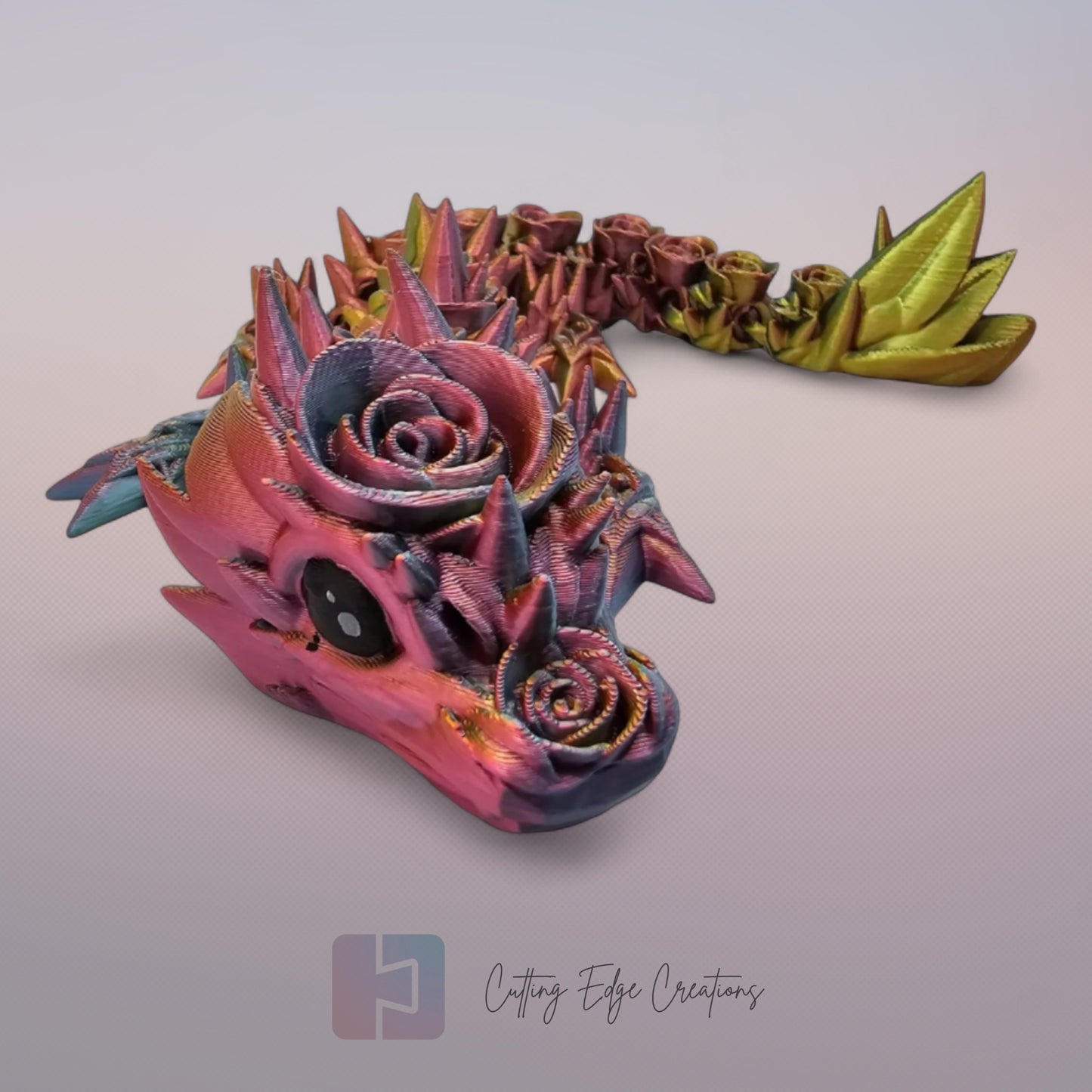 3D printed articulated Rose Dragon, flexible toy, handmade in the UK, desk fidget and gift.