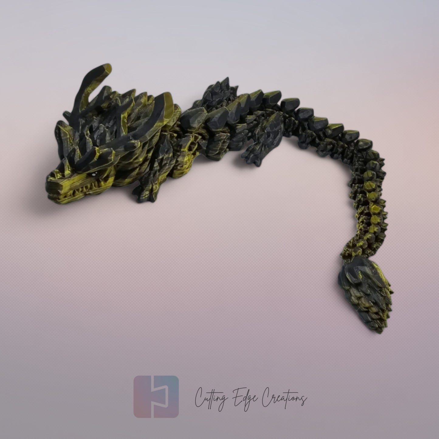 3D printed articulated Stone Horn Dragon, flexible toy, handmade in the UK, desk fidget and gift.
