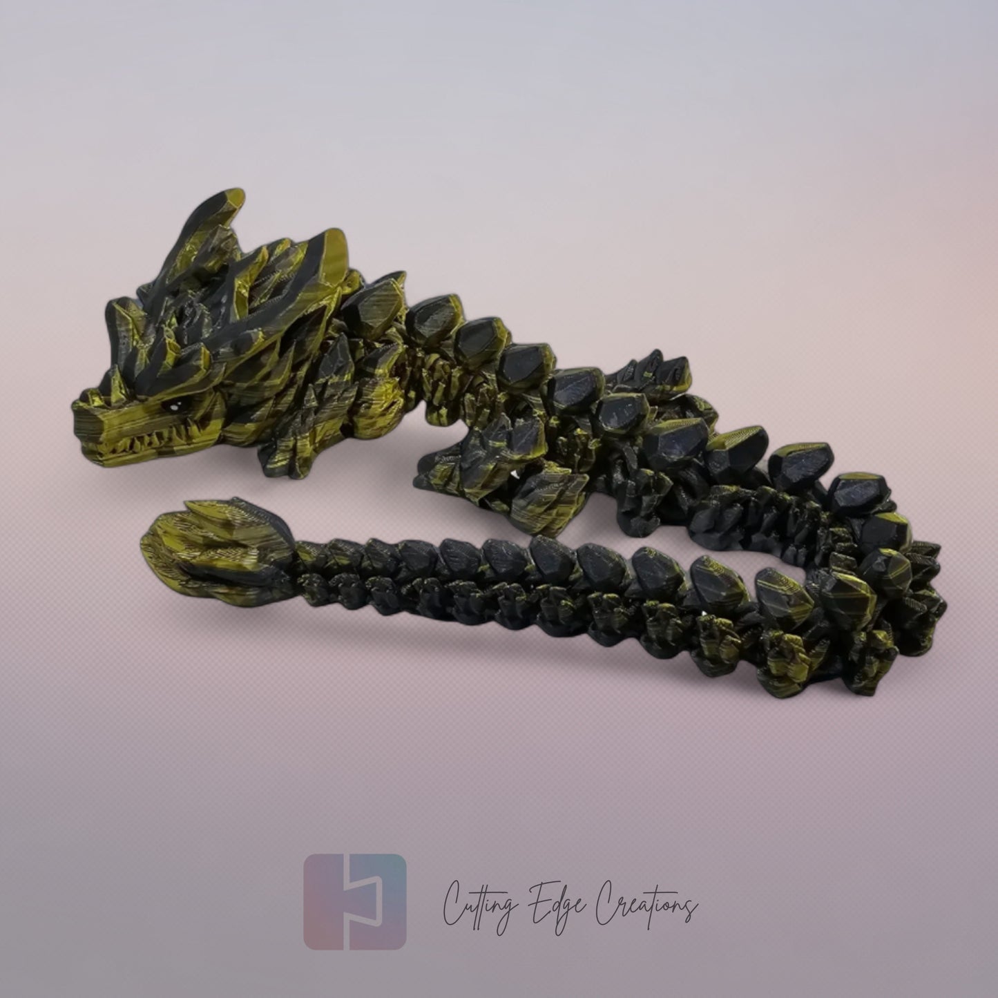 3D printed articulated Stone Horn Dragon, flexible toy, handmade in the UK, desk fidget and gift.