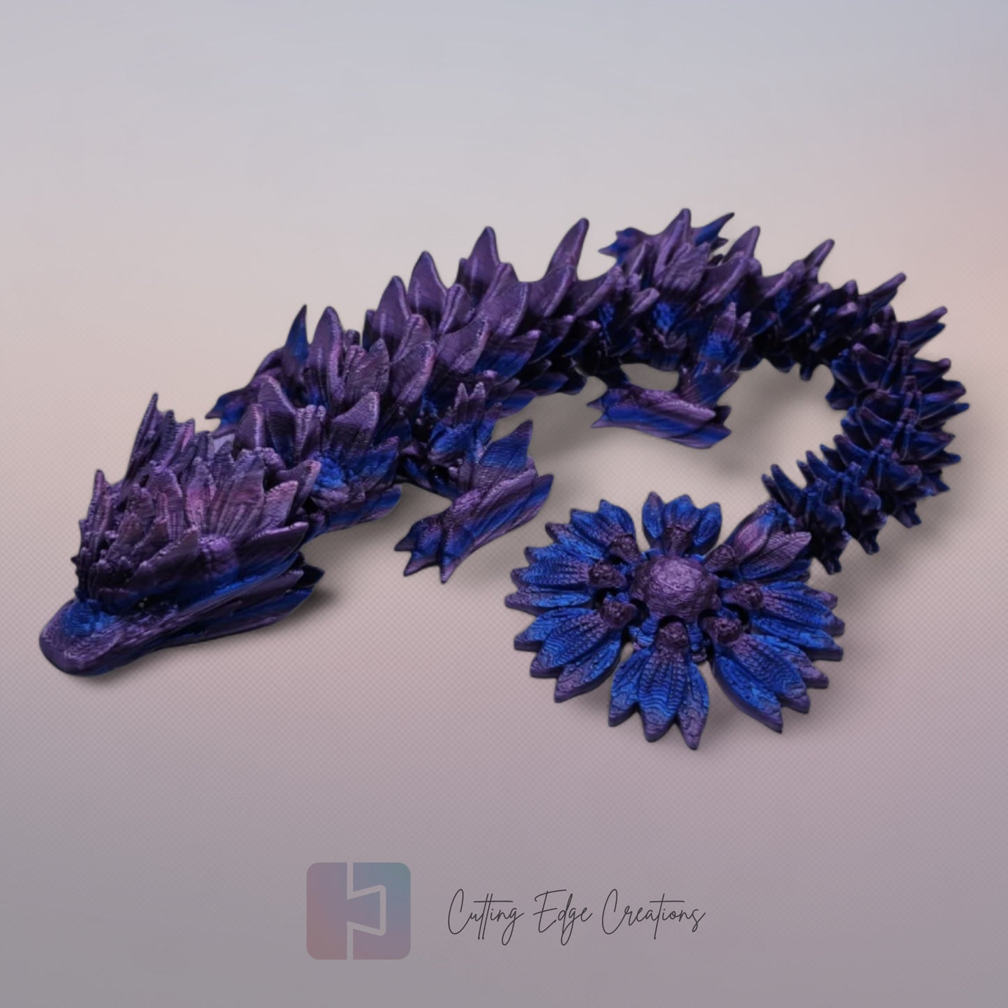 3D printed articulated Sunflower Dragon, flexible toy, handmade in the UK, desk fidget and gift.
