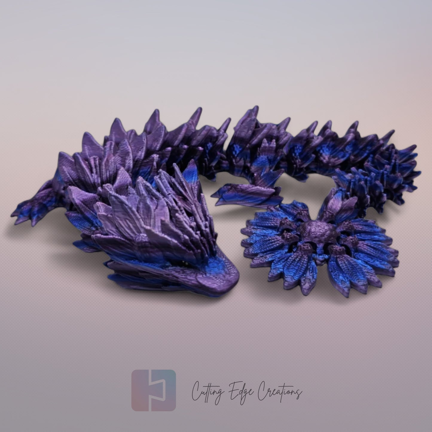 3D printed articulated Sunflower Dragon, flexible toy, handmade in the UK, desk fidget and gift.
