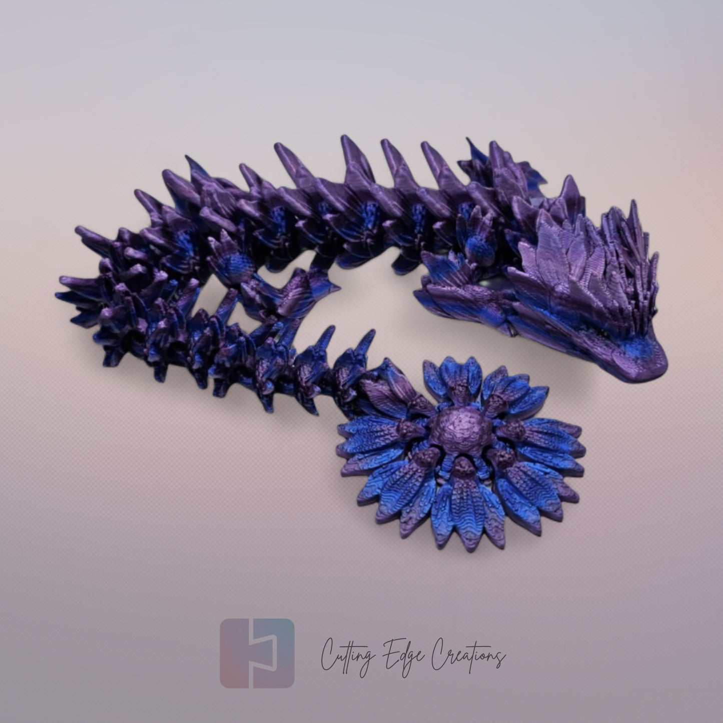 3D printed articulated Sunflower Dragon, flexible toy, handmade in the UK, desk fidget and gift.