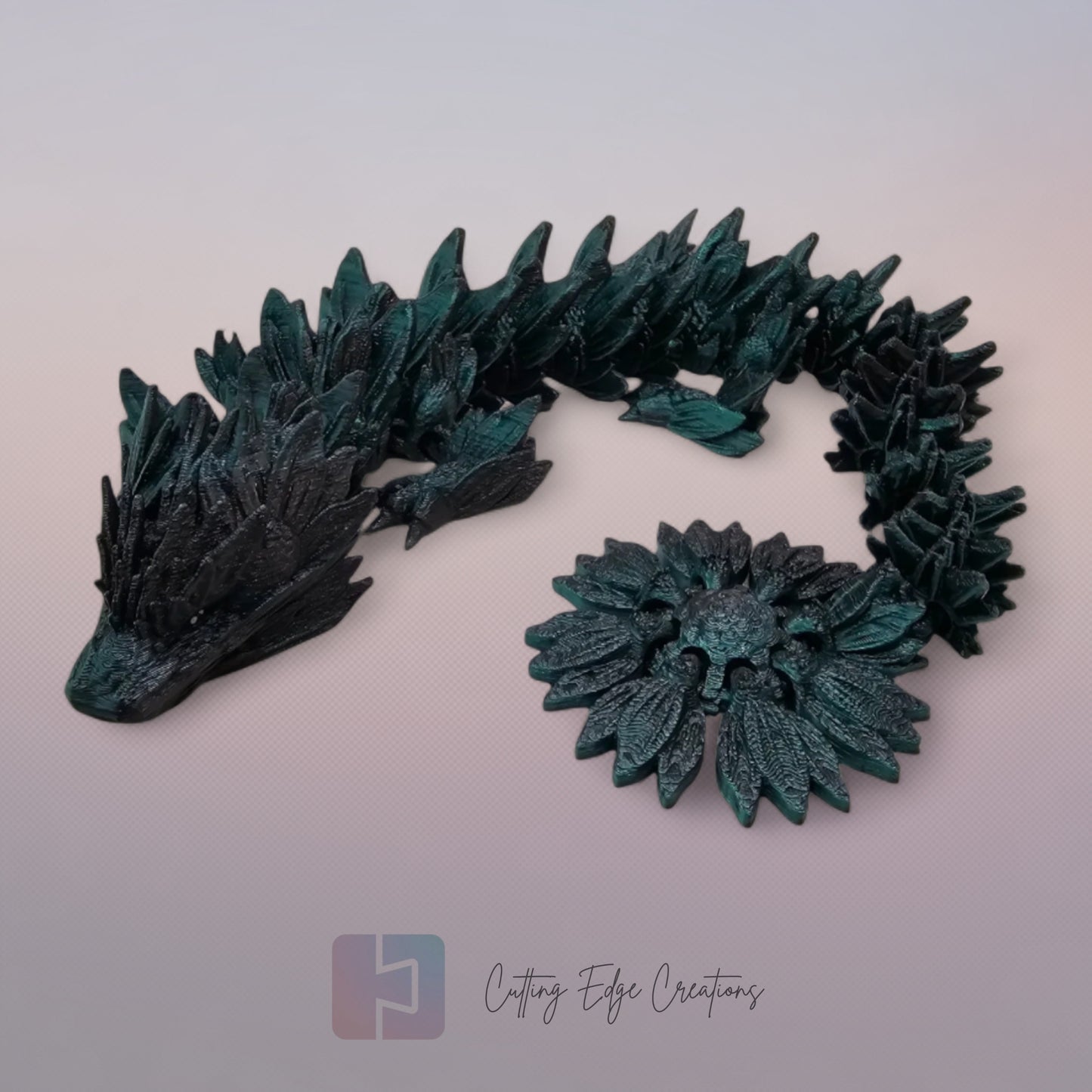 3D printed articulated Sunflower Dragon, flexible toy, handmade in the UK, desk fidget and gift.